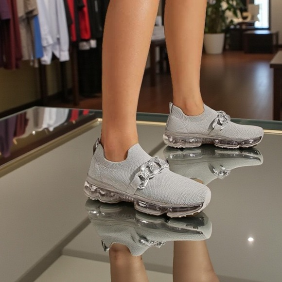 Freewalk Air Cushion Knit Sneakers Gray Slip On Rhinestone Chain Women's Size 10 - Picture 6 of 11